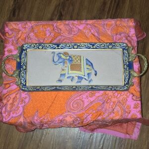 Vintage Dominic Hand-Painted Elephant Tray 16"x5.75" Ceramic w/ Brass Handles